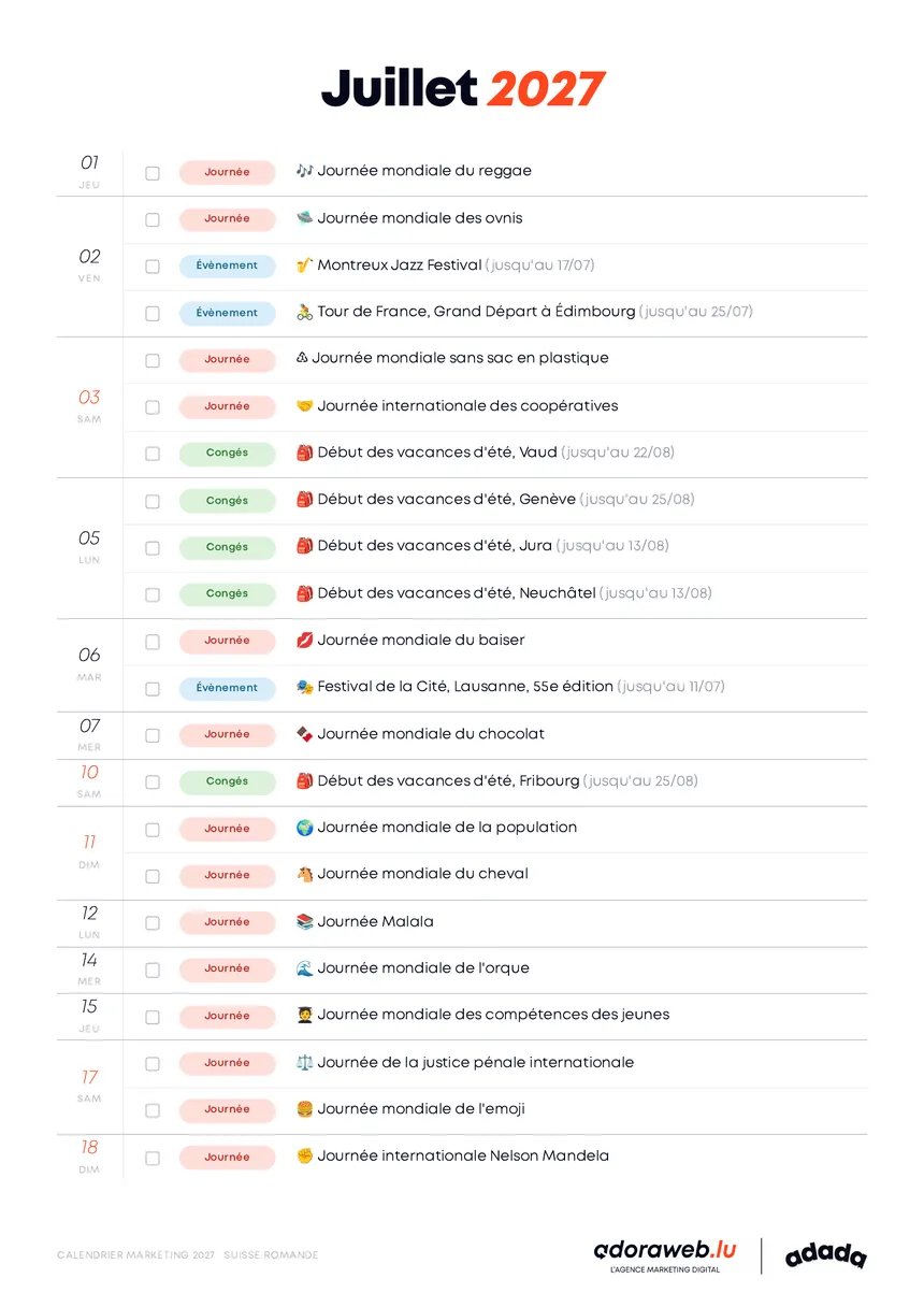 Page Juillet du Calendrier Marketing 2027 en PDF