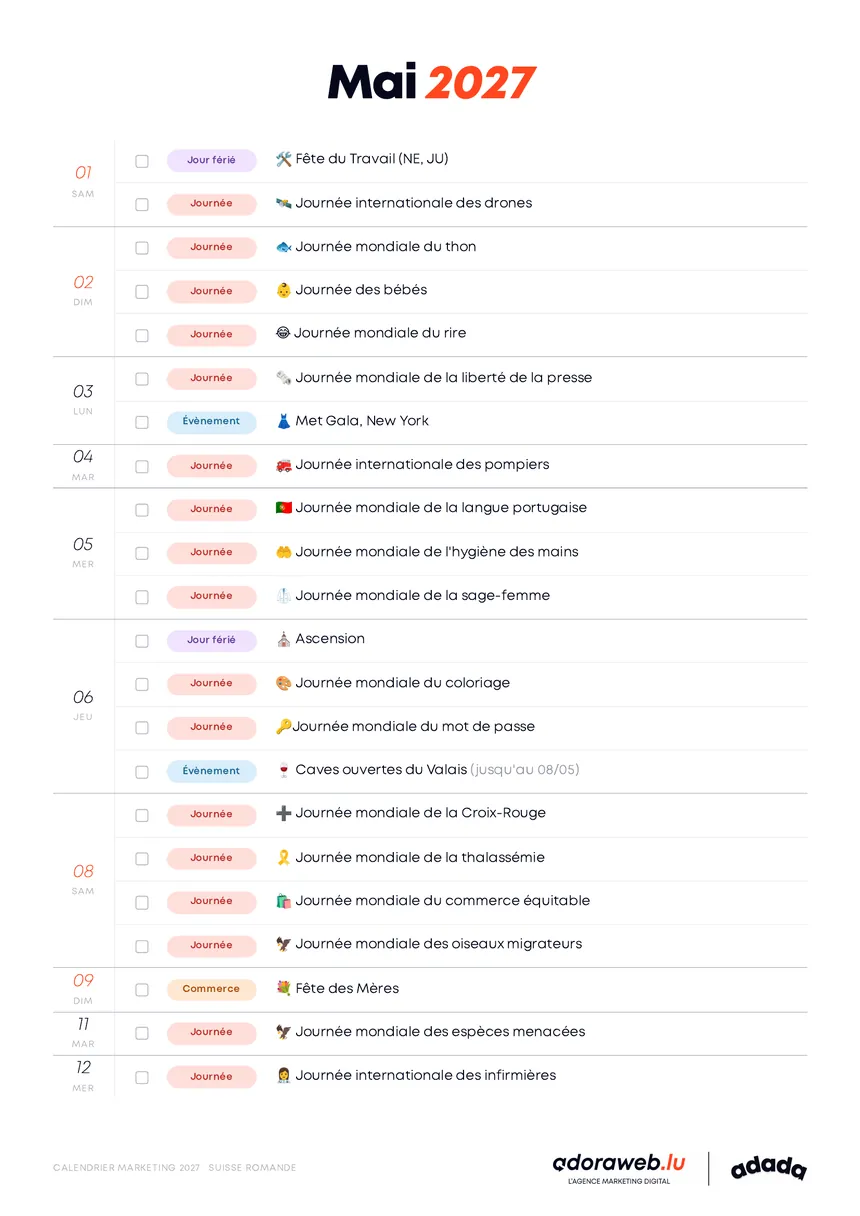 Page Mai du Calendrier Marketing 2027 en PDF
