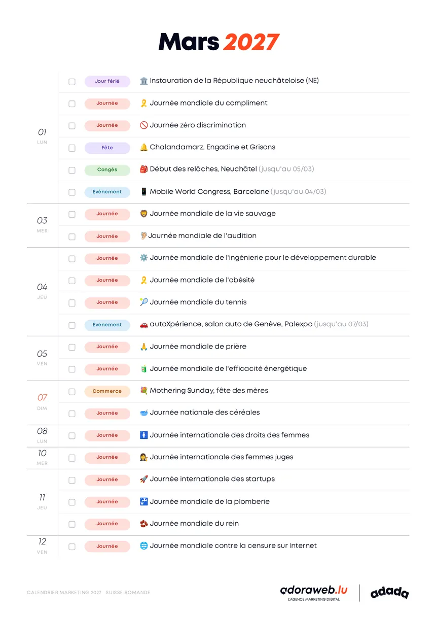 Page Mars du Calendrier Marketing 2027 en PDF