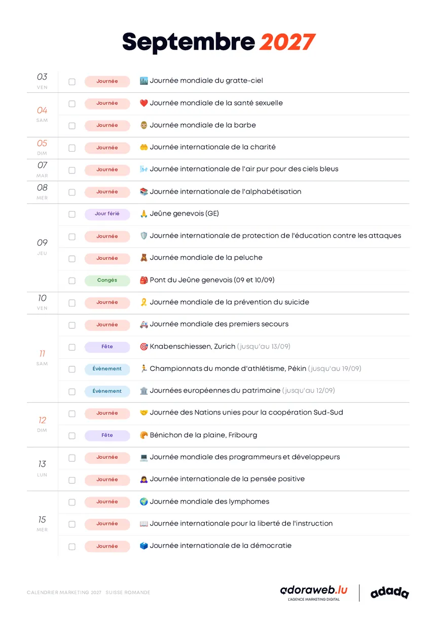 Page Septembre du Calendrier Marketing 2027 en PDF